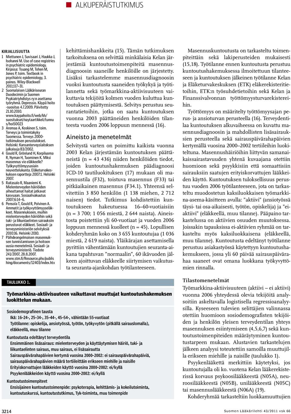 Käypä hoito -suositus 4.7.2009. Päivitetty 21.10.2010. www.kaypahoito.fi/web/kh/ suositukset/naytaartikkeli/tunnu s/hoi50023 3 Aromaa A, Koskinen S, toim. Terveys ja toimintakyky Suomessa.