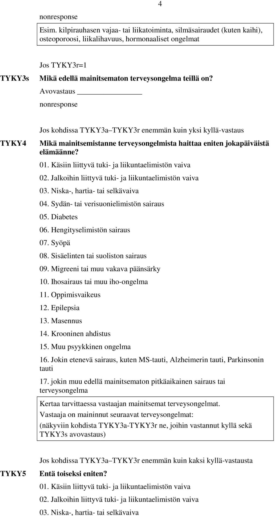 Käsiin liittyvä tuki- ja liikuntaelimistön vaiva 02. Jalkoihin liittyvä tuki- ja liikuntaelimistön vaiva 03. Niska-, hartia- tai selkävaiva 04. Sydän- tai verisuonielimistön sairaus 05. Diabetes 06.