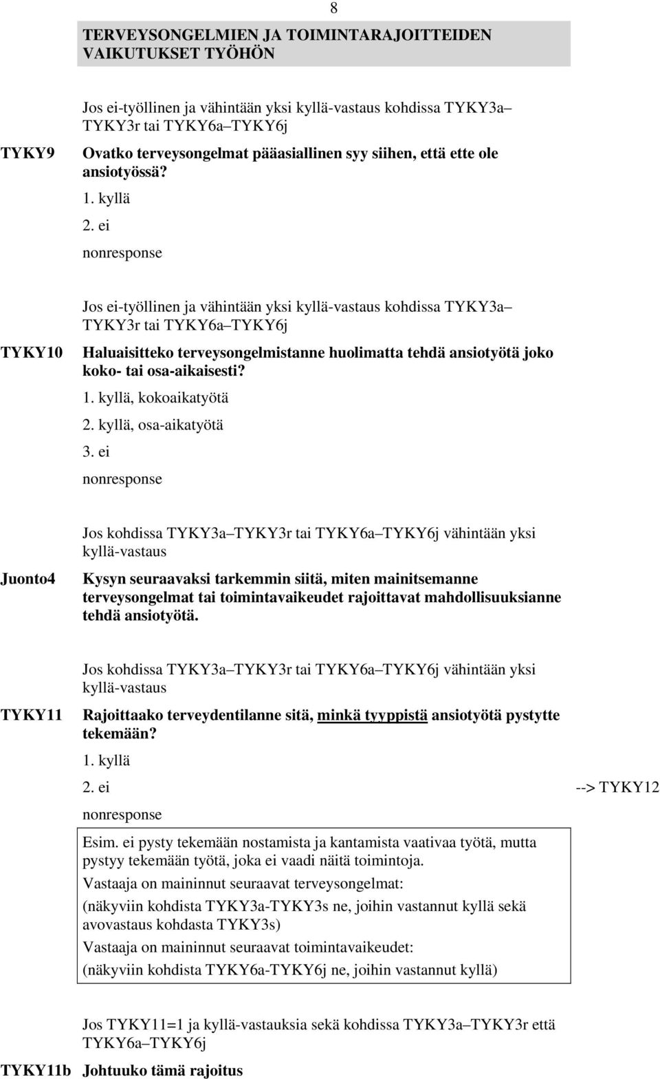 , kokoaikatyötä 2. kyllä, osa-aikatyötä 3. ei Juonto4 Kysyn seuraavaksi tarkemmin siitä, miten mainitsemanne terveysongelmat tai toimintavaikeudet rajoittavat mahdollisuuksianne tehdä ansiotyötä.