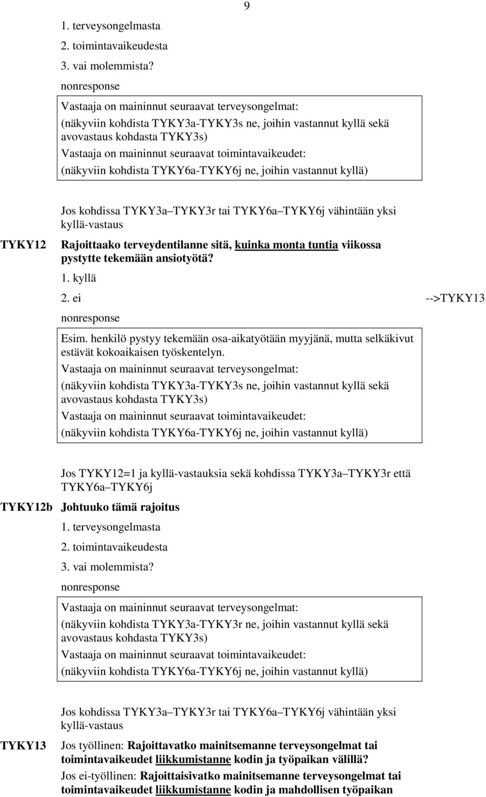 monta tuntia viikossa pystytte tekemään ansiotyötä? -->TYKY13 Esim. henkilö pystyy tekemään osa-aikatyötään myyjänä, mutta selkäkivut estävät kokoaikaisen työskentelyn.