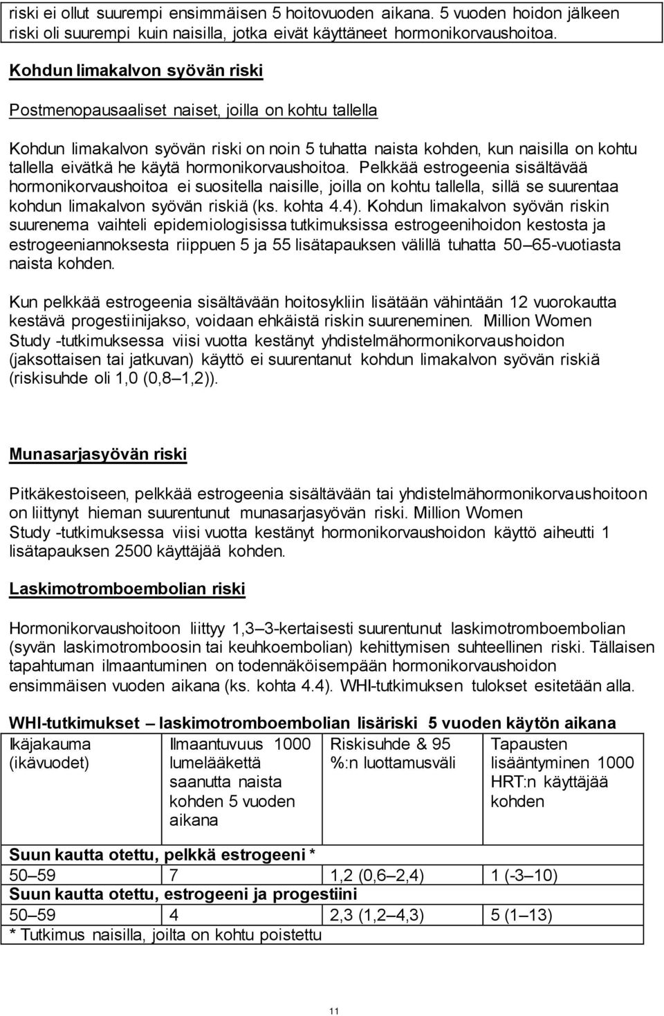 hormonikorvaushoitoa. Pelkkää estrogeenia sisältävää hormonikorvaushoitoa ei suositella naisille, joilla on kohtu tallella, sillä se suurentaa kohdun limakalvon syövän riskiä (ks. kohta 4.4).