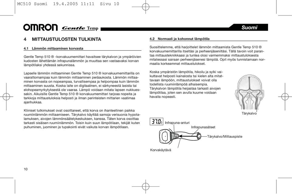 sekunnissa. Lapselle lämmön mittaaminen Gentle Temp 510 korvakuumemittarilla on vaarattomampaa kuin lämmön mittaaminen peräaukosta.