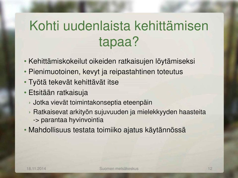 toteutus Työtä tekevät kehittävät itse Etsitään ratkaisuja Jotka vievät toimintakonseptia