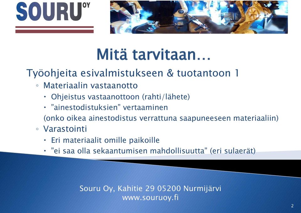 oikea ainestodistus verrattuna saapuneeseen materiaaliin) Varastointi Eri