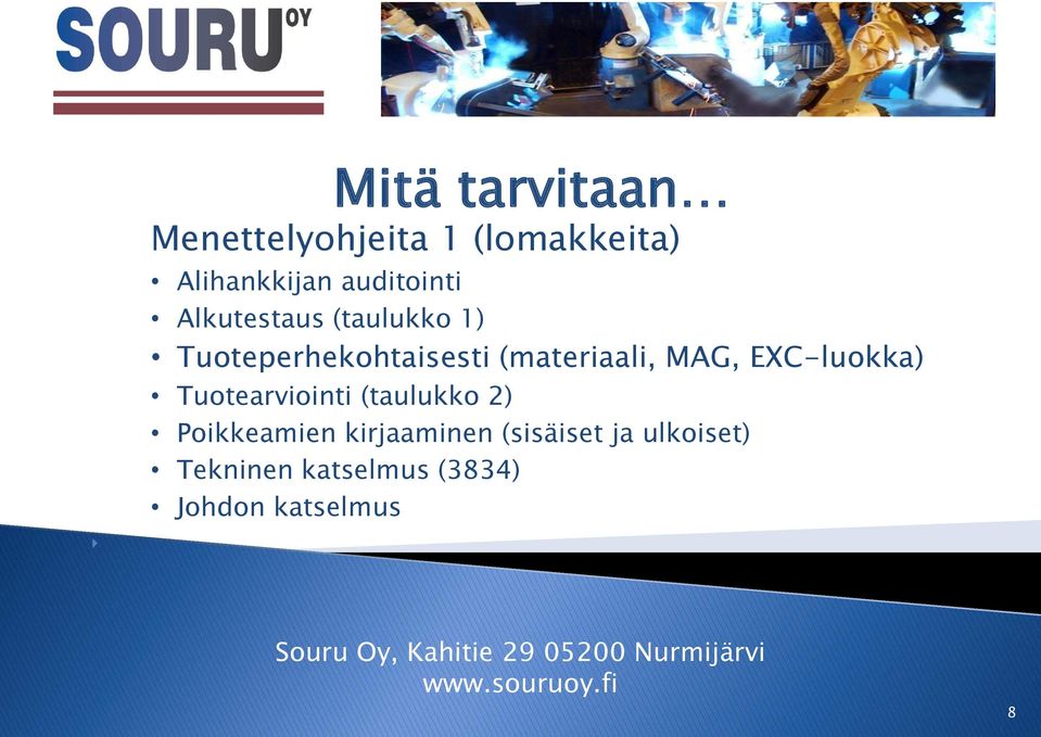 MAG, EXC-luokka) Tuotearviointi (taulukko 2) Poikkeamien