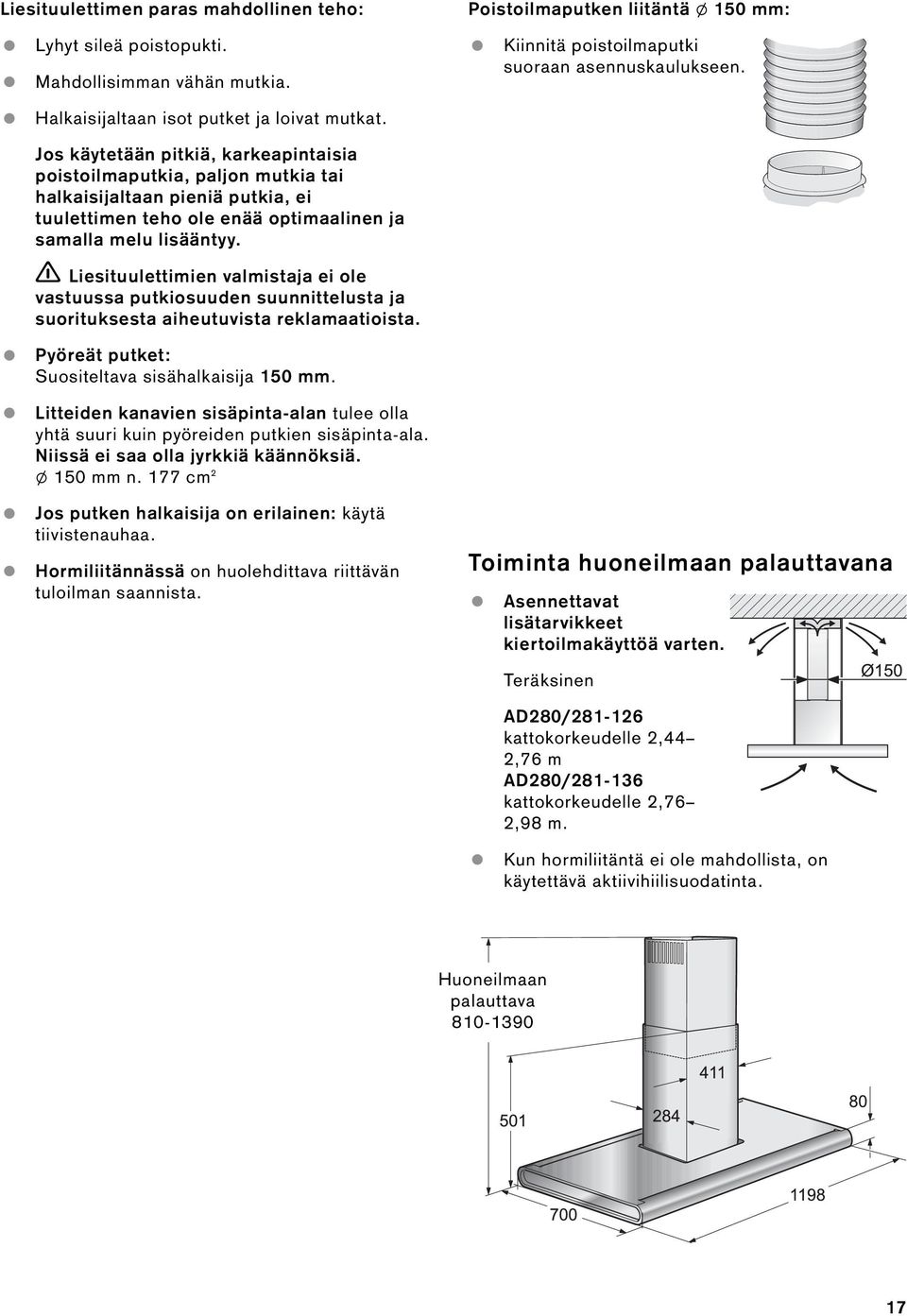 Liesituulettimien valmistaja ei ole vastuussa putkiosuuden suunnittelusta ja suorituksesta aiheutuvista reklamaatioista. Pyöreät putket: Suositeltava sisähalkaisija 150 mm.