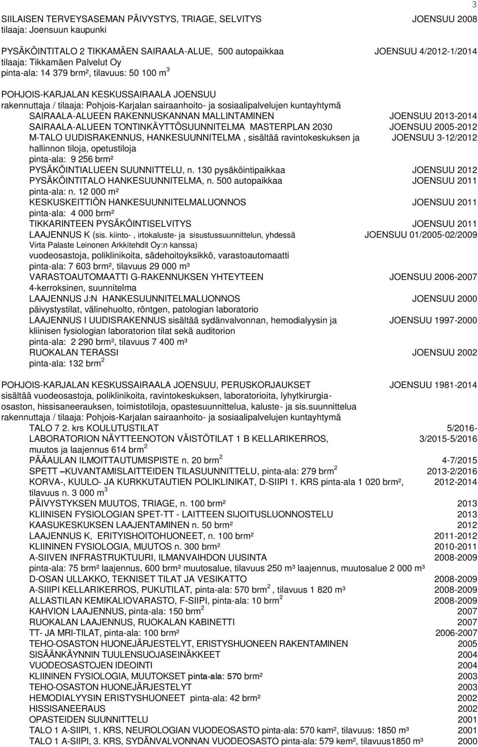 JOENSUU 2013-2014 SAIRAALA-ALUEEN TONTINKÄYTTÖSUUNNITELMA MASTERPLAN 2030 JOENSUU 2005-2012 M-TALO UUDISRAKENNUS, HANKESUUNNITELMA, sisältää ravintokeskuksen ja JOENSUU 3-12/2012 hallinnon tiloja,