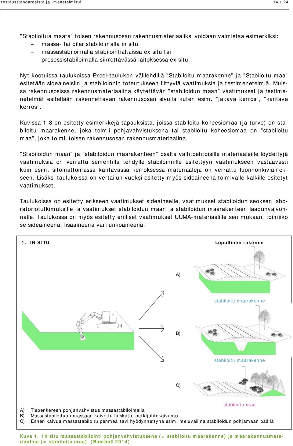 Nyt kootuissa taulukoissa Excel-taulukon välilehdillä Stabiloitu maarakenne ja Stabiloitu maa esitetään sideaineisiin ja stabiloinnin toteutukseen liittyviä vaatimuksia ja testimenetelmiä.