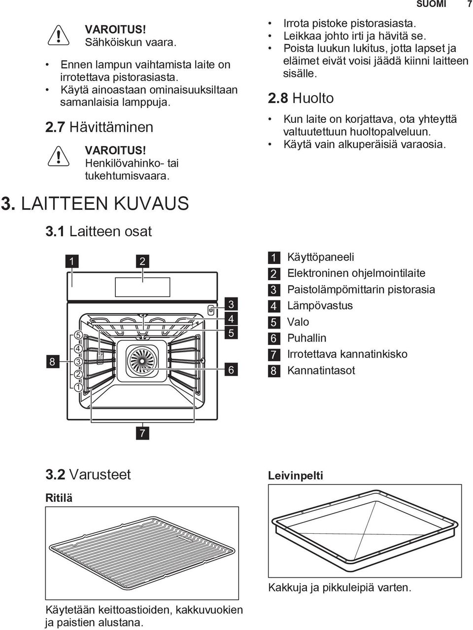 8 Huolto Kun laite on korjattava, ota yhteyttä valtuutettuun huoltopalveluun. Käytä vain alkuperäisiä varaosia. 3. LAITTEEN KUVAUS 3.