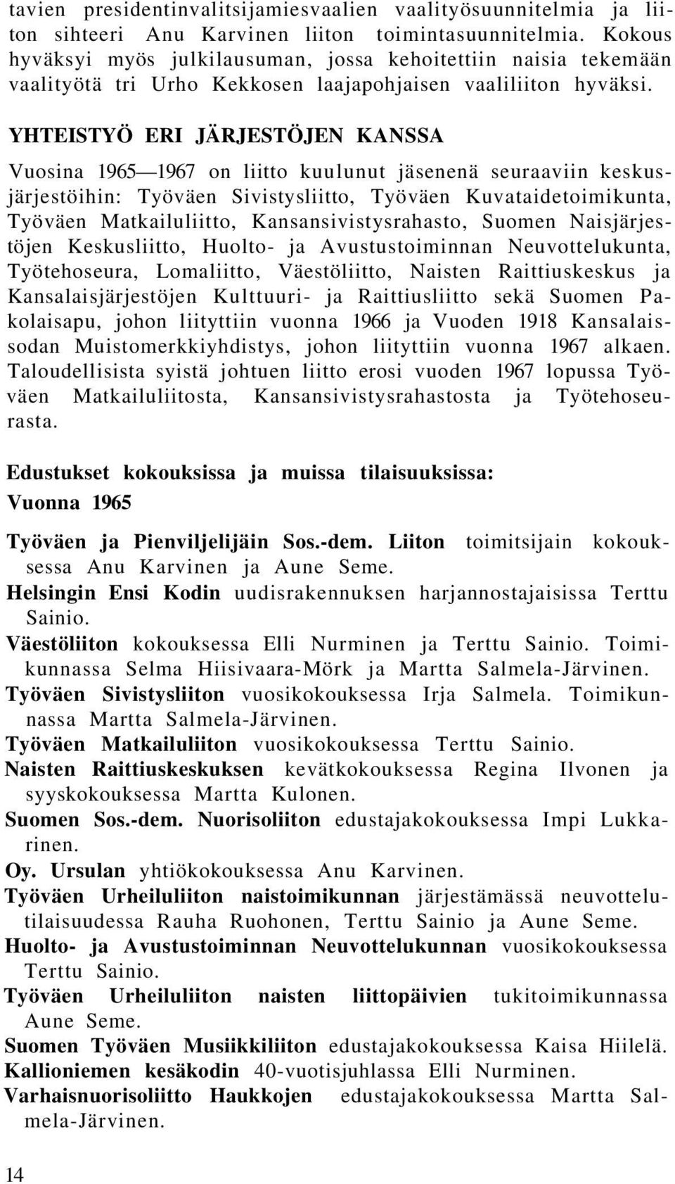 YHTEISTYÖ ERI JÄRJESTÖJEN KANSSA Vuosina 1965 1967 on liitto kuulunut jäsenenä seuraaviin keskusjärjestöihin: Työväen Sivistysliitto, Työväen Kuvataidetoimikunta, Työväen Matkailuliitto,