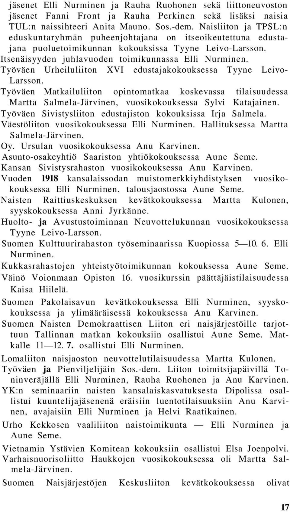 Työväen Urheiluliiton XVI edustajakokouksessa Tyyne Leivo- Larsson. Työväen Matkailuliiton opintomatkaa koskevassa tilaisuudessa Martta Salmela-Järvinen, vuosikokouksessa Sylvi Katajainen.