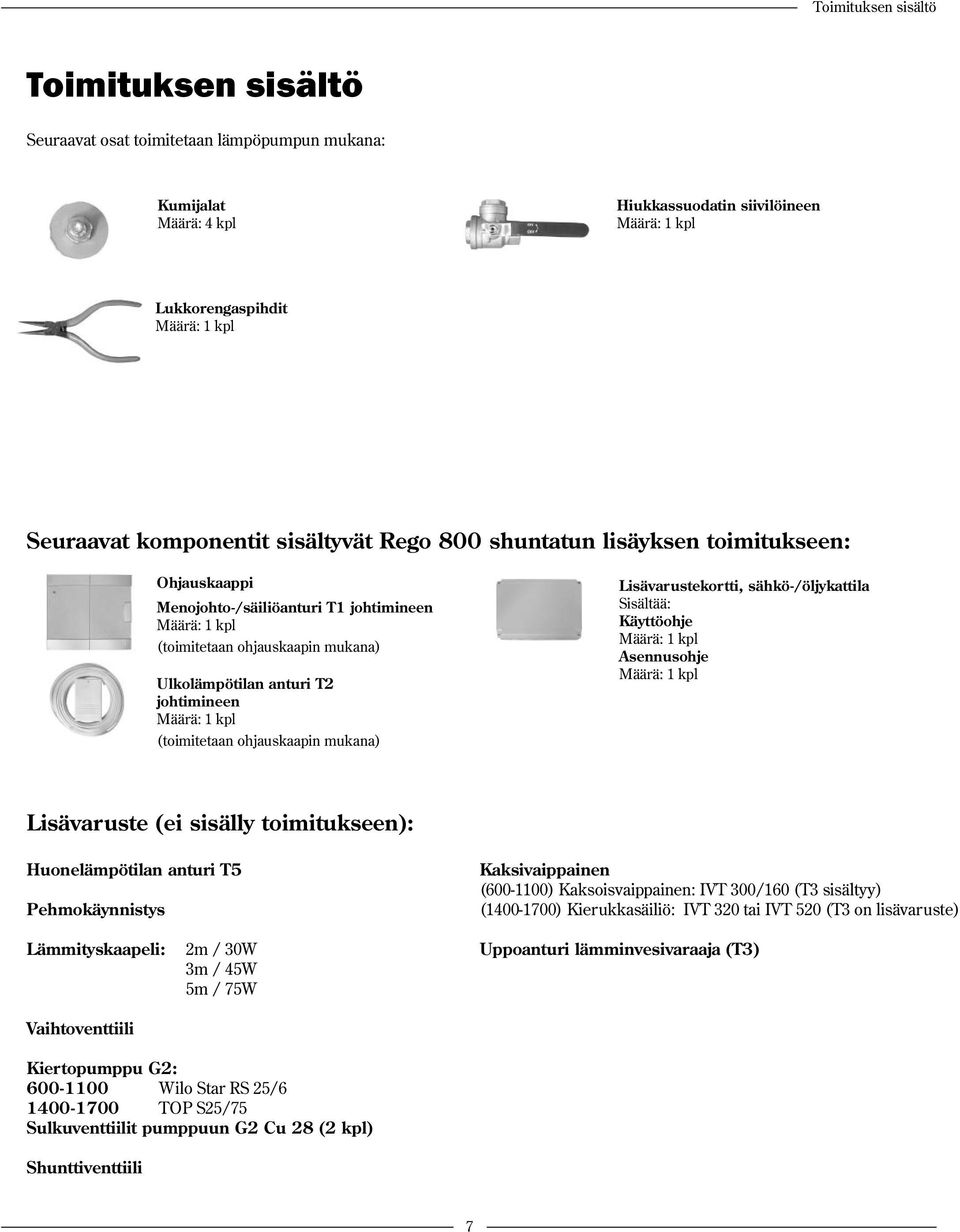 johtimineen Määrä: 1 kpl (toimitetaan ohjauskaapin mukana) Lisävarustekortti, sähkö-/öljykattila Sisältää: Käyttöohje Määrä: 1 kpl Asennusohje Määrä: 1 kpl Lisävaruste (ei sisälly toimitukseen):