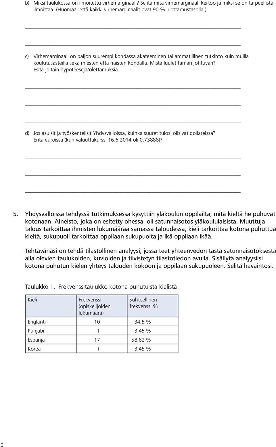 Esitä joitain hypoteeseja/olettamuksia. d) Jos asuisit ja työskentelisit Yhdysvalloissa, kuinka suuret tulosi olisivat dollareissa? Entä euroissa (kun valuuttakurssi 16.6.2014 oli 0.73888)? 5.