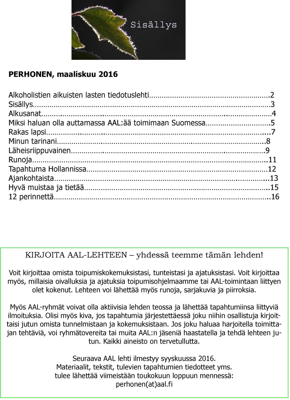 Voit kirjoittaa omista toipumiskokemuksistasi, tunteistasi ja ajatuksistasi. Voit kirjoittaa myös, millaisia oivalluksia ja ajatuksia toipumisohjelmaamme tai AAL-toimintaan liittyen olet kokenut.