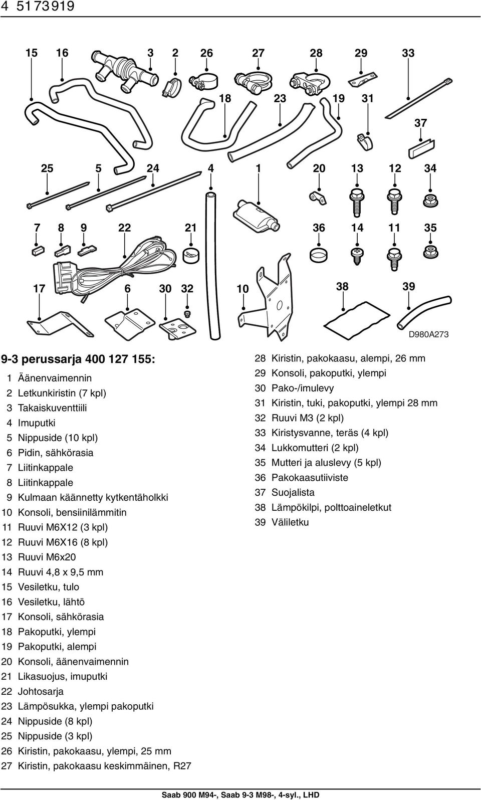 Konsoli, sähkörasia 8 Pakoputki, ylempi 9 Pakoputki, alempi 0 Konsoli, äänenvaimennin Likasuojus, imuputki Johtosarja Lämpösukka, ylempi pakoputki 4 Nippuside (8 kpl) Nippuside ( kpl) 6 Kiristin,