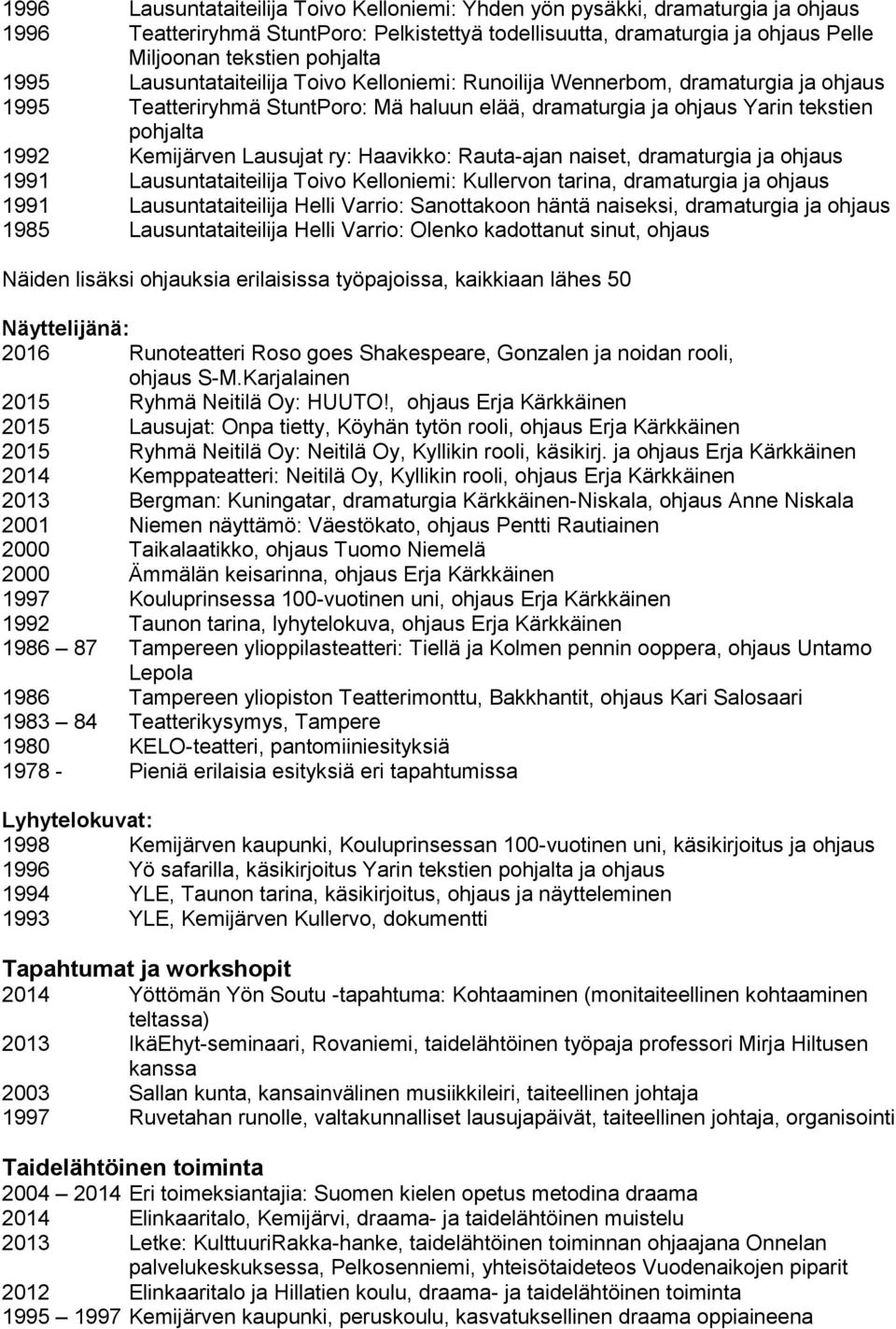 Lausujat ry: Haavikko: Rauta-ajan naiset, dramaturgia ja ohjaus 1991 Lausuntataiteilija Toivo Kelloniemi: Kullervon tarina, dramaturgia ja ohjaus 1991 Lausuntataiteilija Helli Varrio: Sanottakoon