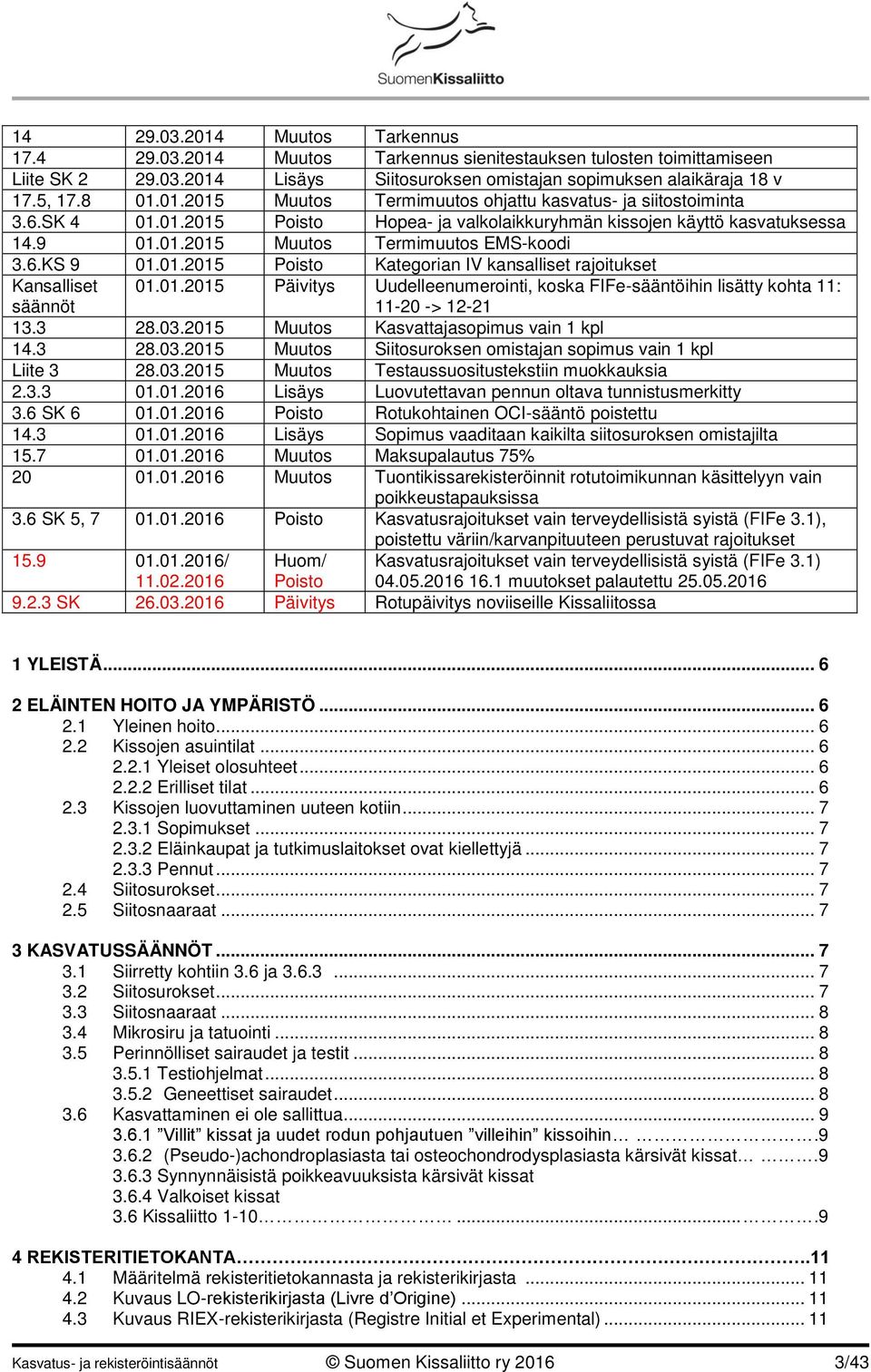 01.2015 Poisto Kategorian IV kansalliset rajoitukset Kansalliset säännöt 01.01.2015 Päivitys Uudelleenumerointi, koska FIFe-sääntöihin lisätty kohta 11: 11-20 -> 12-21 13.3 28.03.