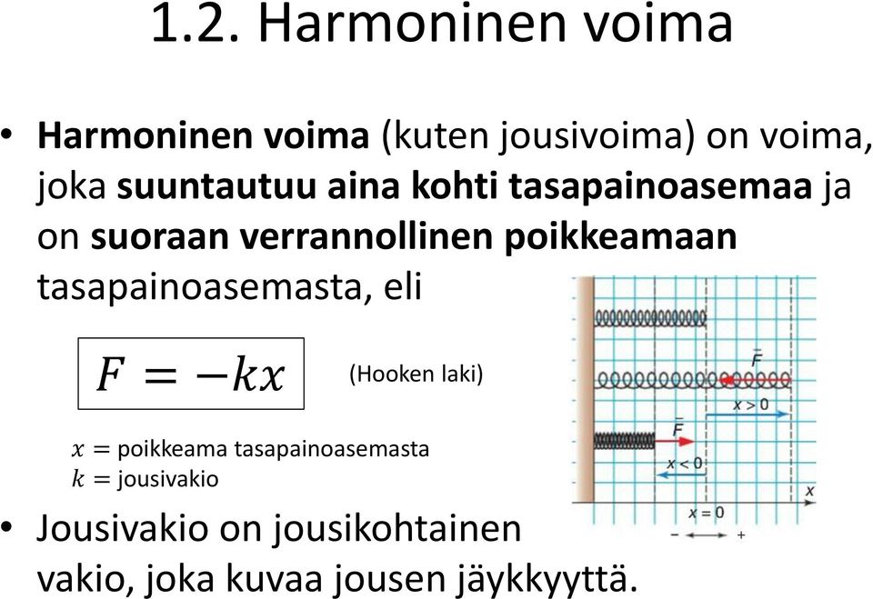 poikkeamaan tasapainoasemasta, eli F = kx (Hooken laki) x = poikkeama