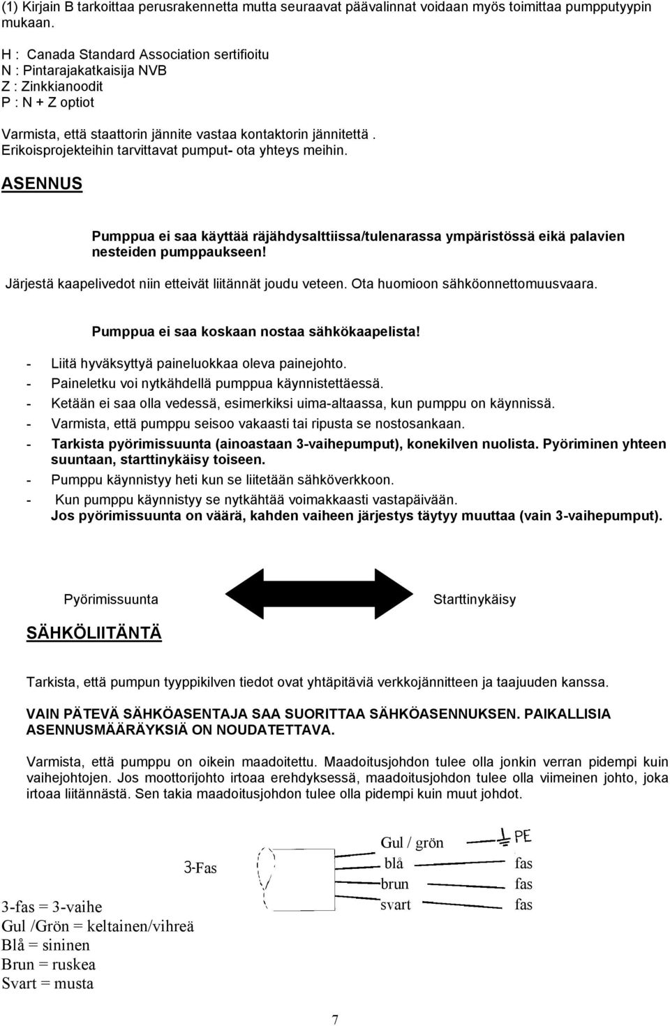 Erikoisprojekteihin tarvittavat pumput- ota yhteys meihin. ASENNUS Pumppua ei saa käyttää räjähdysalttiissa/tulenarassa ympäristössä eikä palavien nesteiden pumppaukseen!