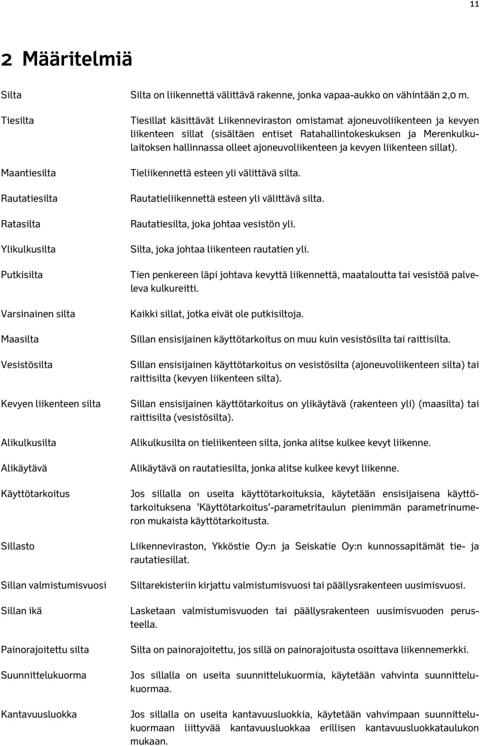 valmistumisvuosi Sillan ikä Painorajoitettu silta Suunnittelukuorma Kantavuusluokka Tiesillat käsittävät Liikenneviraston omistamat ajoneuvoliikenteen ja kevyen liikenteen sillat (sisältäen entiset