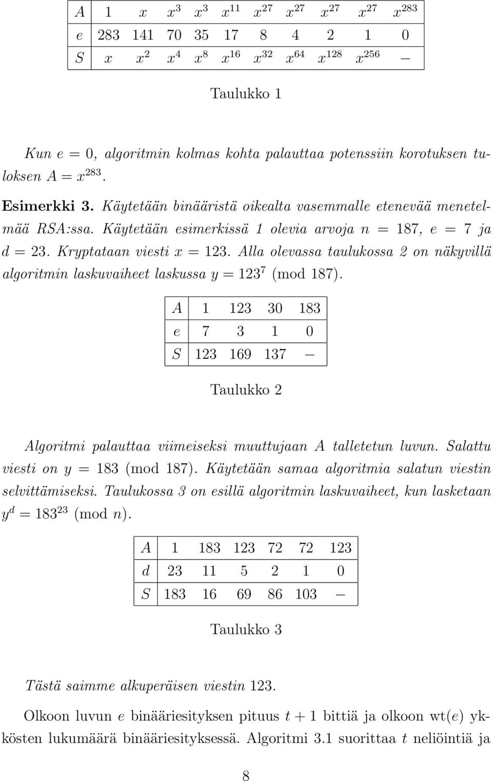 Alla olevassa taulukossa 2 on näkyvillä algoritmin laskuvaiheet laskussa y = 123 7 (mod 187).