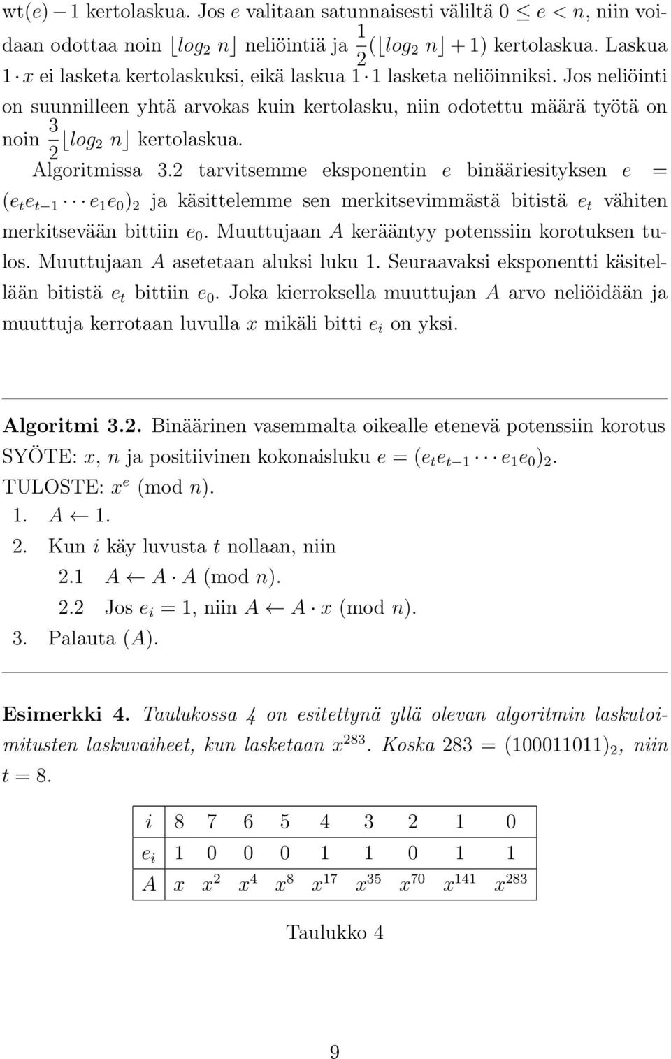 Algoritmissa 3.2 tarvitsemme eksponentin e binääriesityksen e = (e t e t 1 e 1 e 0 ) 2 ja käsittelemme sen merkitsevimmästä bitistä e t vähiten merkitsevään bittiin e 0.