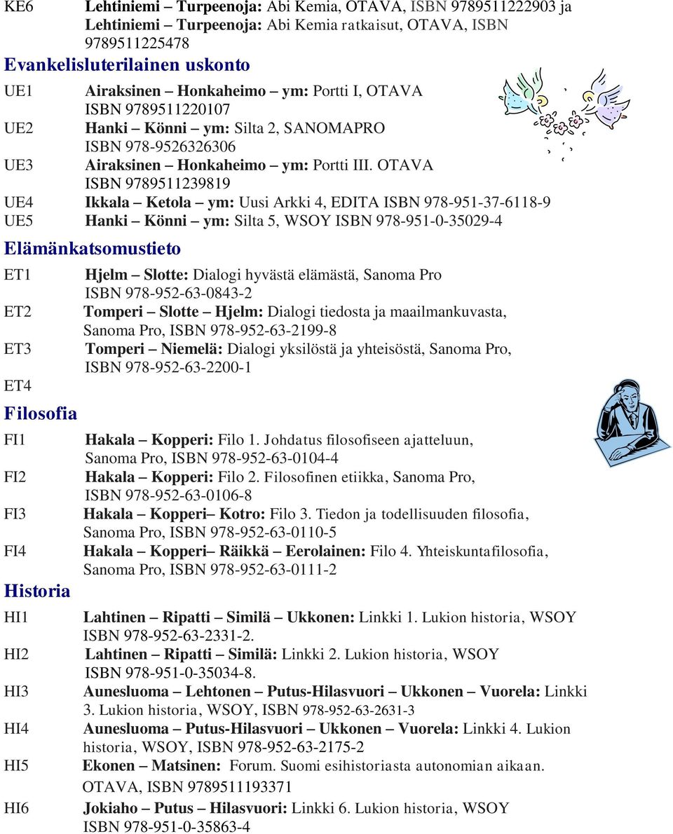 OTAVA ISBN 9789511239819 UE4 Ikkala Ketola ym: Uusi Arkki 4, EDITA ISBN 978-951-37-6118-9 UE5 Hanki Könni ym: Silta 5, WSOY ISBN 978-951-0-35029-4 Elämänkatsomustieto ET1 ET2 ET3 ET4 Filosofia FI1