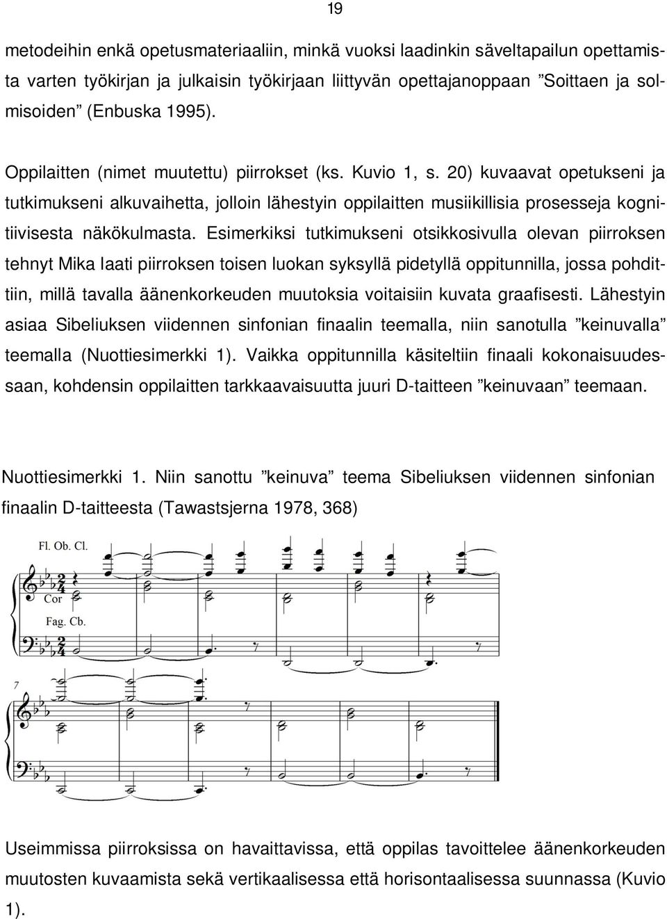 Esimerkiksi tutkimukseni otsikkosivulla olevan piirroksen tehnyt Mika laati piirroksen toisen luokan syksyllä pidetyllä oppitunnilla, jossa pohdittiin, millä tavalla äänenkorkeuden muutoksia