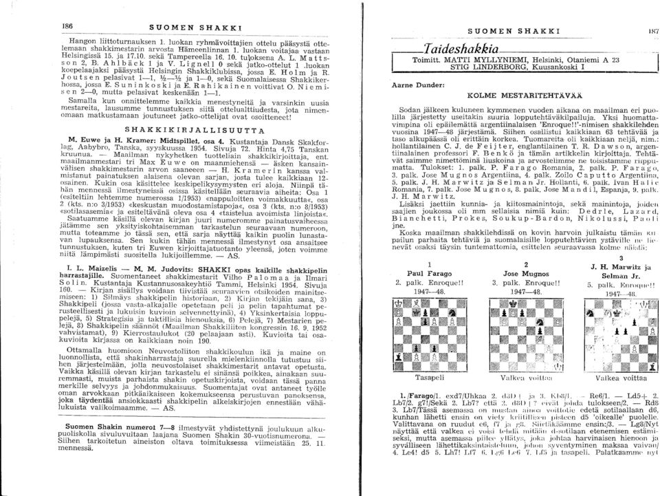 Jo u t sen pelasivat 1-1, lfz-y2 ja 1-0, sekä Suomalaisessa Shakkikerhossa, jossa E. Sun i n k 0 s k i ja E. Ra h i kai n e n voittivat o. N i e m i sen 2-0, mutta pelasivat keskenään 1-l.
