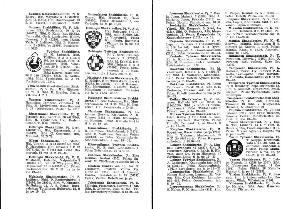 Postisiirtotili 5920. Työväen Shakkilii:Uo. Pj. M. La. isaari, H:ki ~ Töölönk. 8 A 8 (103'71/ 207, ko 44l432.3 ' ). Siht. O. Salarinen, H:ki, Vanajant. 20 El (778065). Tiedona,ntol. U.