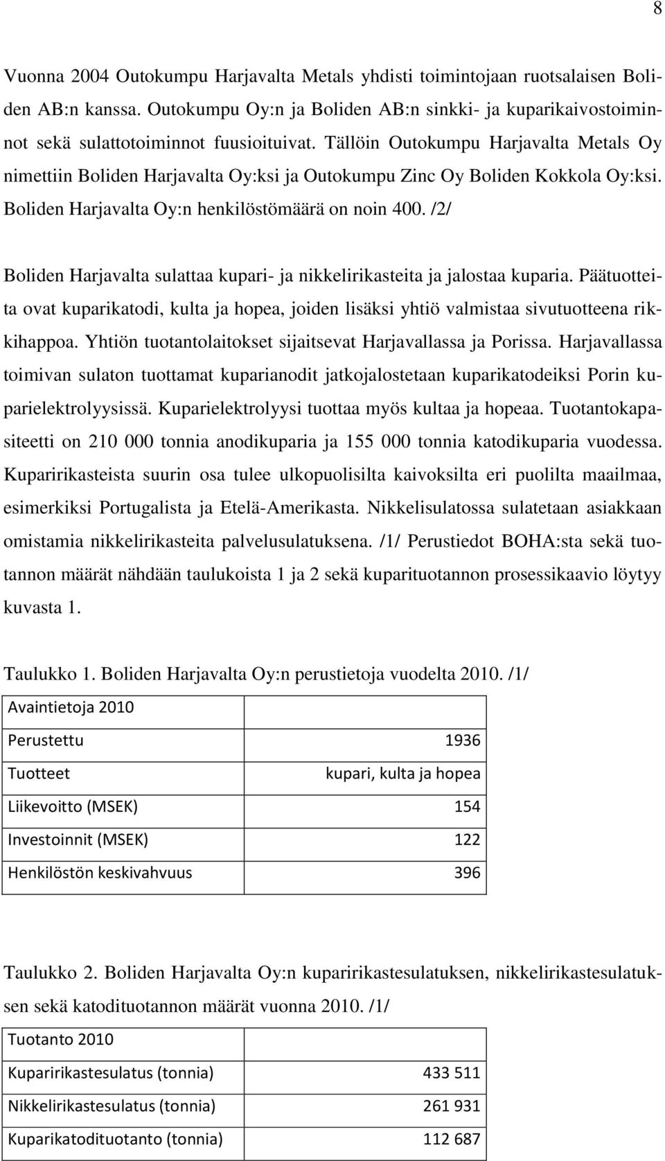 /2/ Boliden Harjavalta sulattaa kupari- ja nikkelirikasteita ja jalostaa kuparia. Päätuotteita ovat kuparikatodi, kulta ja hopea, joiden lisäksi yhtiö valmistaa sivutuotteena rikkihappoa.