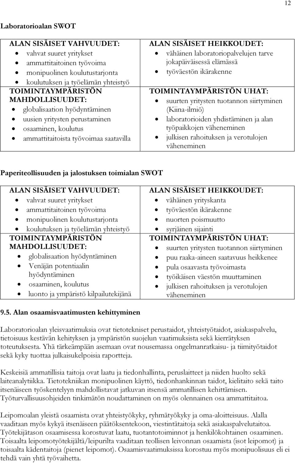 elämässä työväestön ikärakenne TOIMINTAYMPÄRISTÖN UHAT: suurten yritysten tuotannon siirtyminen (Kiina-ilmiö) laboratorioiden yhdistäminen ja alan työpaikkojen väheneminen julkisen rahoituksen ja