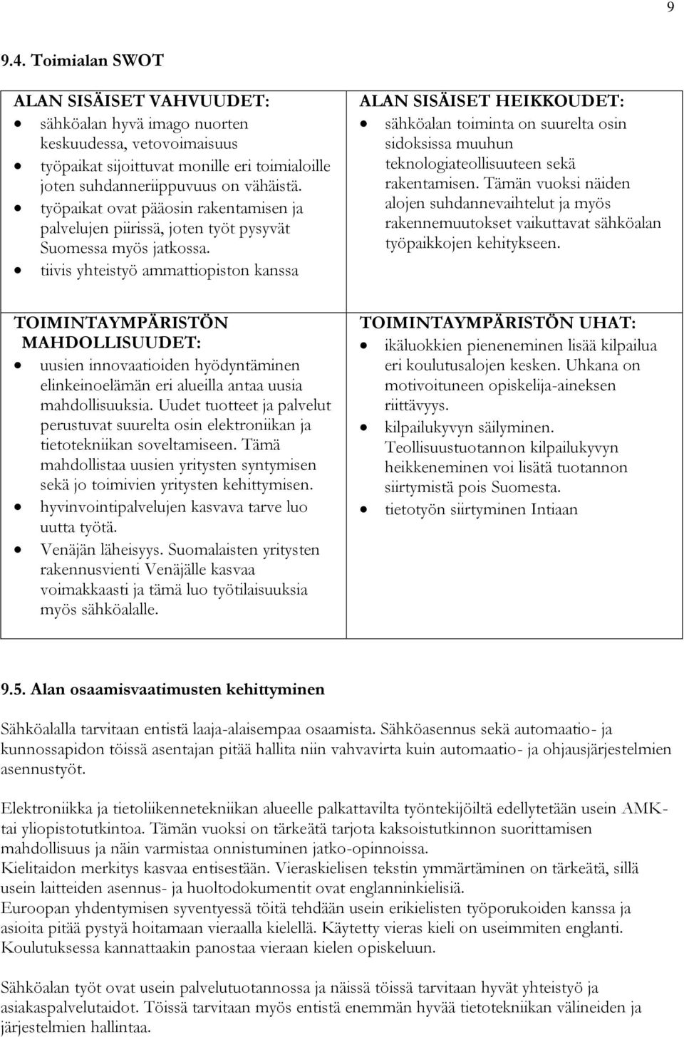 tiivis yhteistyö ammattiopiston kanssa ALAN SISÄISET HEIKKOUDET: sähköalan toiminta on suurelta osin sidoksissa muuhun teknologiateollisuuteen sekä rakentamisen.