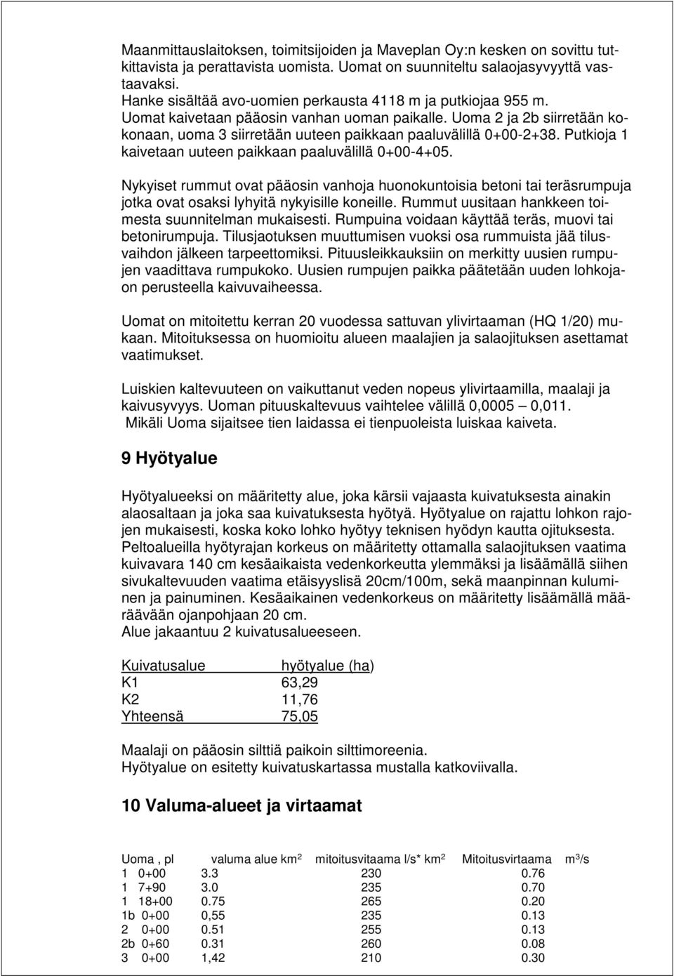 Uoma 2 ja 2b siirretään kokonaan, uoma 3 siirretään uuteen paikkaan paaluvälillä 0+00-2+38. Putkioja 1 kaivetaan uuteen paikkaan paaluvälillä 0+00-4+05.