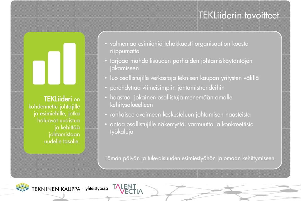 verkostoja teknisen kaupan yritysten välillä perehdyttää viimeisimpiin johtamistrendeihin haastaa jokainen osallistuja menemään omalle kehitysalueelleen