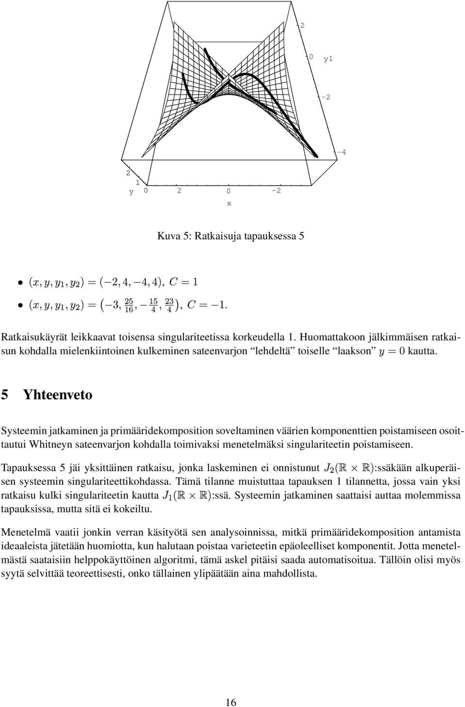 Witneyn sateenvarjon kodalla toimivaksi menetelmäksi singulariteetin poistamiseen / Tapauksessa 5 jäi yksittäinen ratkaisu, jonka laskeminen ei onnistunut ratkaisu kulki singulariteetin kautta /