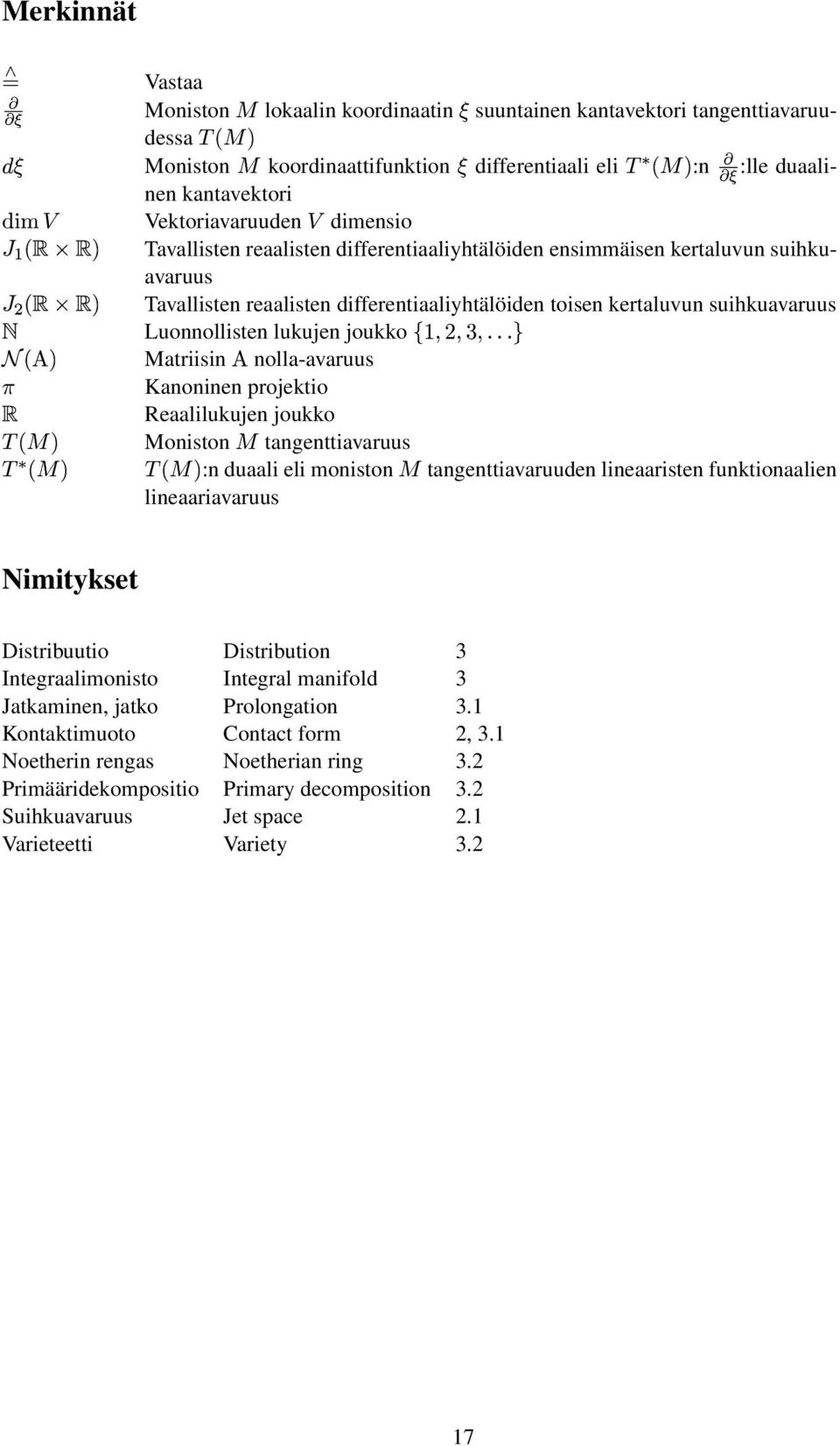 toisen kertaluvun suikuavaruus Luonnollisten ; lukujen joukko Matriisin nolla-avaruus Kanoninen projektio Reaalilukujen joukko Moniston ô tangenttiavaruus :n duaali eli moniston ô tangenttiavaruuden