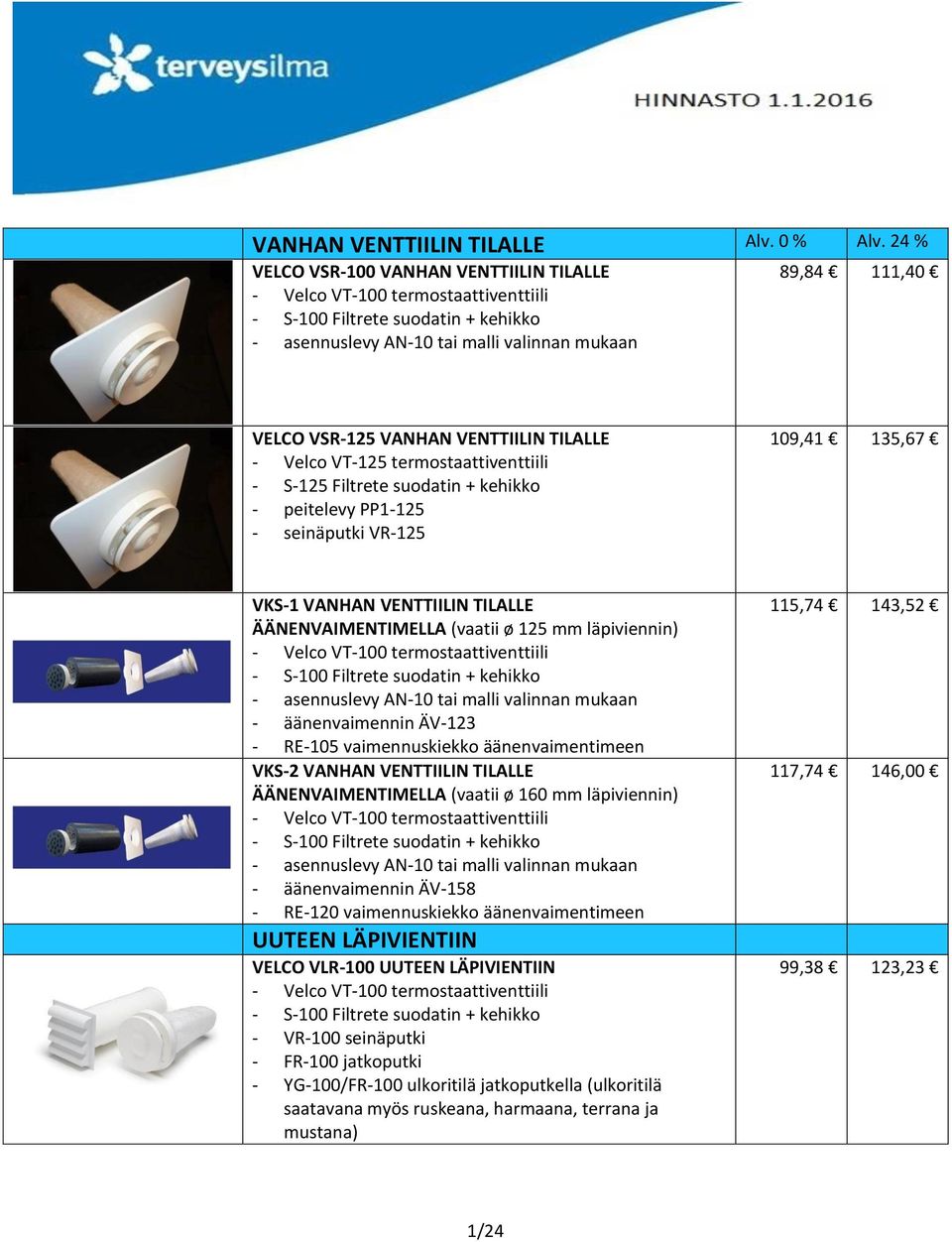 ÄÄNENVAIMENTIMELLA (vaatii ø 125 mm läpiviennin) - Velco VT-100 termostaattiventtiili - S-100 Filtrete suodatin + kehikko - asennuslevy AN-10 tai malli valinnan mukaan - äänenvaimennin ÄV-123 -