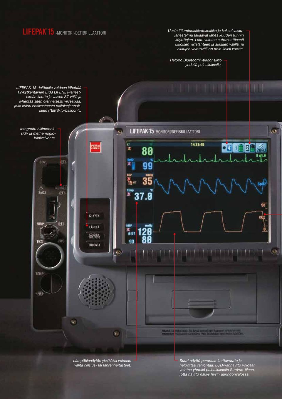 LIFEPAK 15 -laitteella voidaan lähettää 12-kytkentäinen EKG LIFENET-järjestelmän kautta ja valvoa ST-väliä ja lyhentää siten olennaisesti viiveaikaa, joka kuluu ensivasteesta pallolaajennukseen (