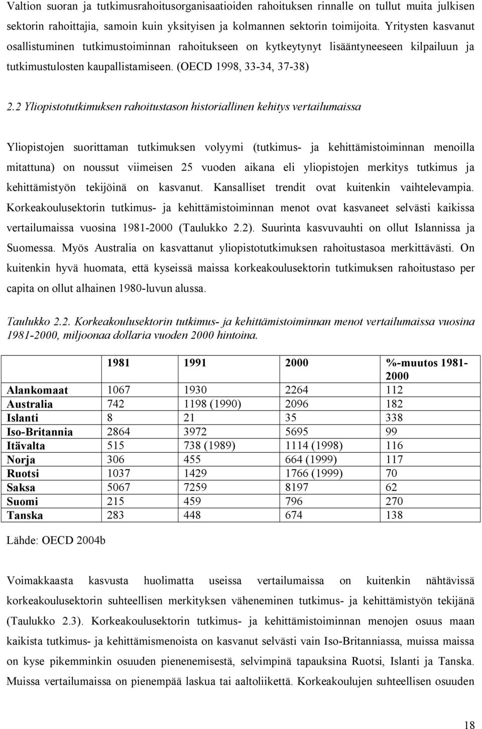 2 Yliopistotutkimuksen rahoitustason historiallinen kehitys vertailumaissa Yliopistojen suorittaman tutkimuksen volyymi (tutkimus ja kehittämistoiminnan menoilla mitattuna) on noussut viimeisen 25