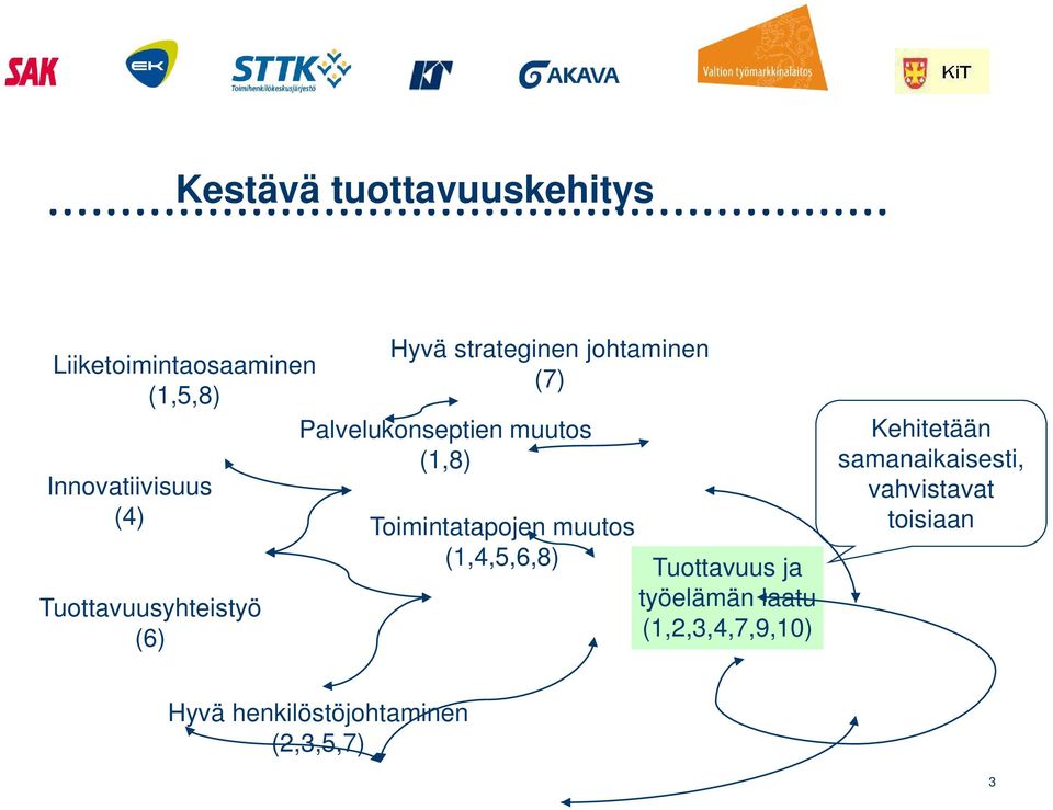 (1,8) Toimintatapojen muutos (1,4,5,6,8) Tuottavuus ja työelämän laatu