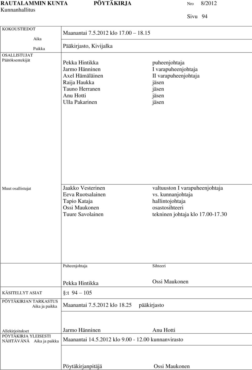 jäsen Muut osallistujat Jaakko Vesterinen Eeva Ruotsalainen Tapio Kataja Ossi Maukonen Tuure Savolainen valtuuston I varapuheenjohtaja vs.