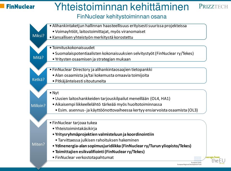 Kansallisen yhteistyön merkitystä korostettu Toimituskokonaisuudet Suomalaispotentiaalisten kokonaisuuksien selvitystyöt (FinNuclear ry/tekes) Yritysten osaamisen ja strategian mukaan FinNuclear