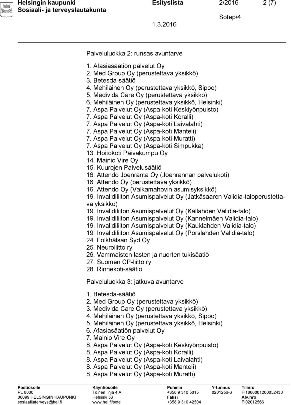 Aspa Palvelut Oy (Aspa-koti Koralli) 7. Aspa Palvelut Oy (Aspa-koti Laivalahti) 7. Aspa Palvelut Oy (Aspa-koti Manteli) 7. Aspa Palvelut Oy (Aspa-koti Muratti) 7.