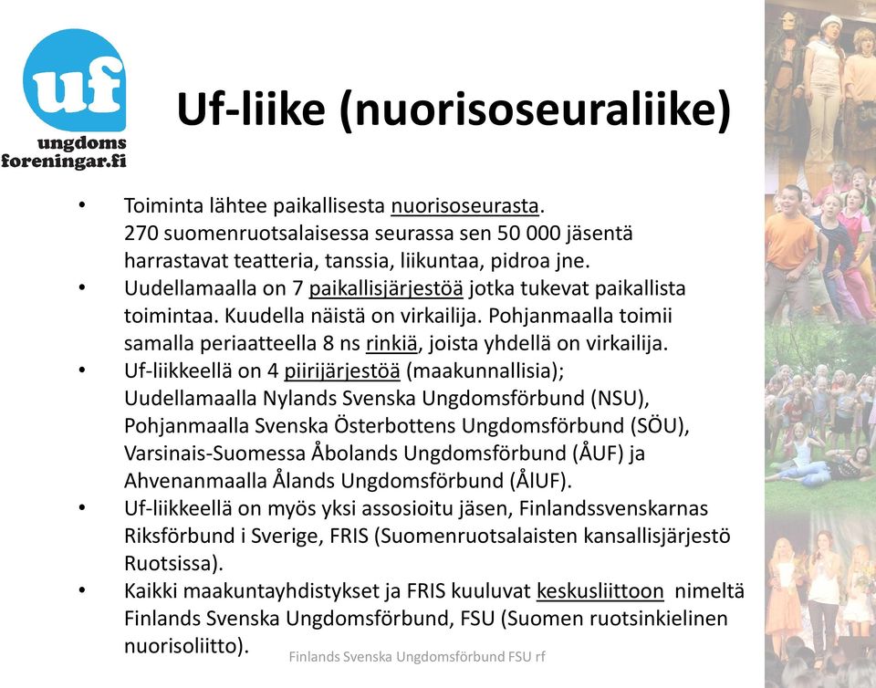 Uf-liikkeellä on 4 piirijärjestöä (maakunnallisia); Uudellamaalla Nylands Svenska Ungdomsförbund (NSU), Pohjanmaalla Svenska Österbottens Ungdomsförbund (SÖU), Varsinais-Suomessa Åbolands