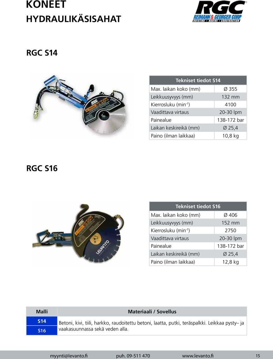 laikkaa) 10,8 kg RGC S16 Tekniset tiedot S16 Max.