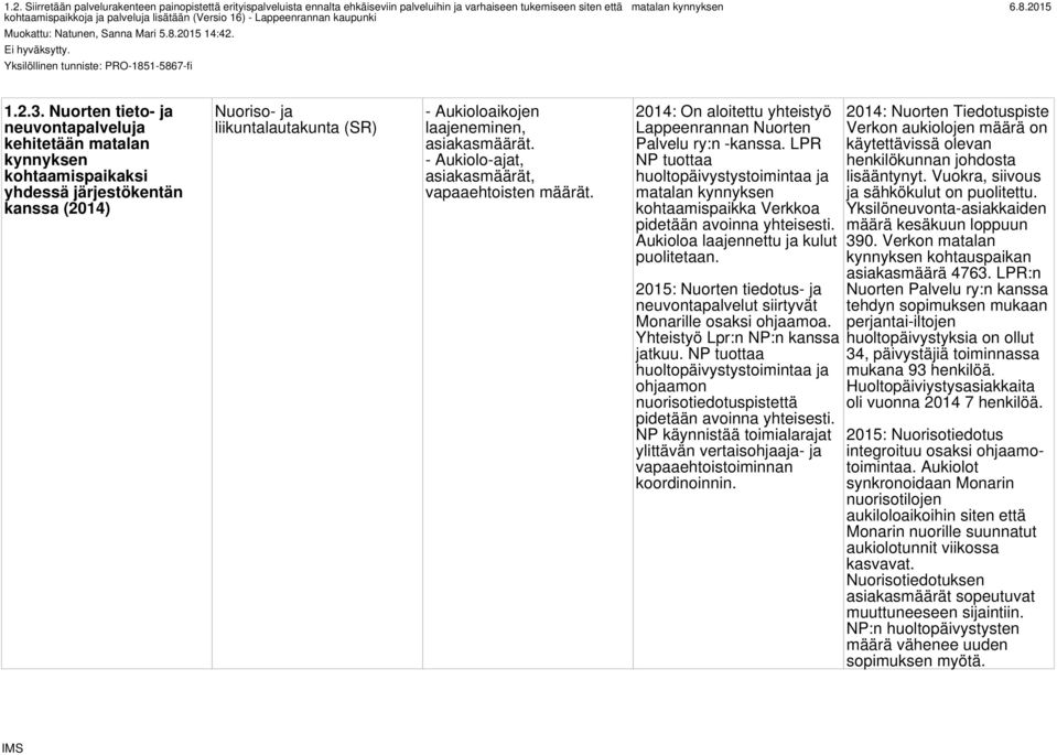 Nuorten tieto- ja neuvontapalveluja kehitetään matalan kynnyksen kohtaamispaikaksi yhdessä järjestökentän kanssa (2014) Nuoriso- ja liikuntalautakunta (SR) - Aukioloaikojen laajeneminen,