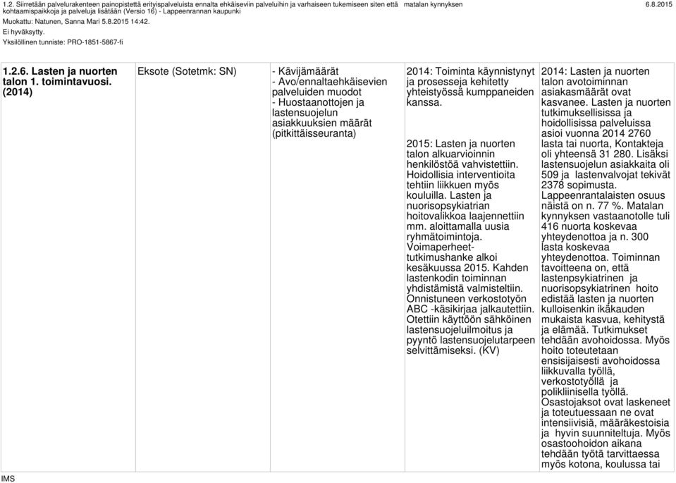 (2014) Eksote (Sotetmk: SN) - Kävijämäärät - Avo/ennaltaehkäisevien palveluiden muodot - Huostaanottojen ja lastensuojelun asiakkuuksien määrät (pitkittäisseuranta) 2014: Toiminta käynnistynyt ja