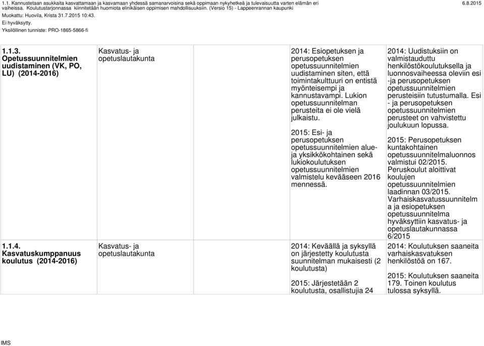 Yksilöllinen tunniste: PRO-1865-5866-fi 1.1.3. Opetussuunnitelmien uudistaminen (VK, PO, LU) (2014-