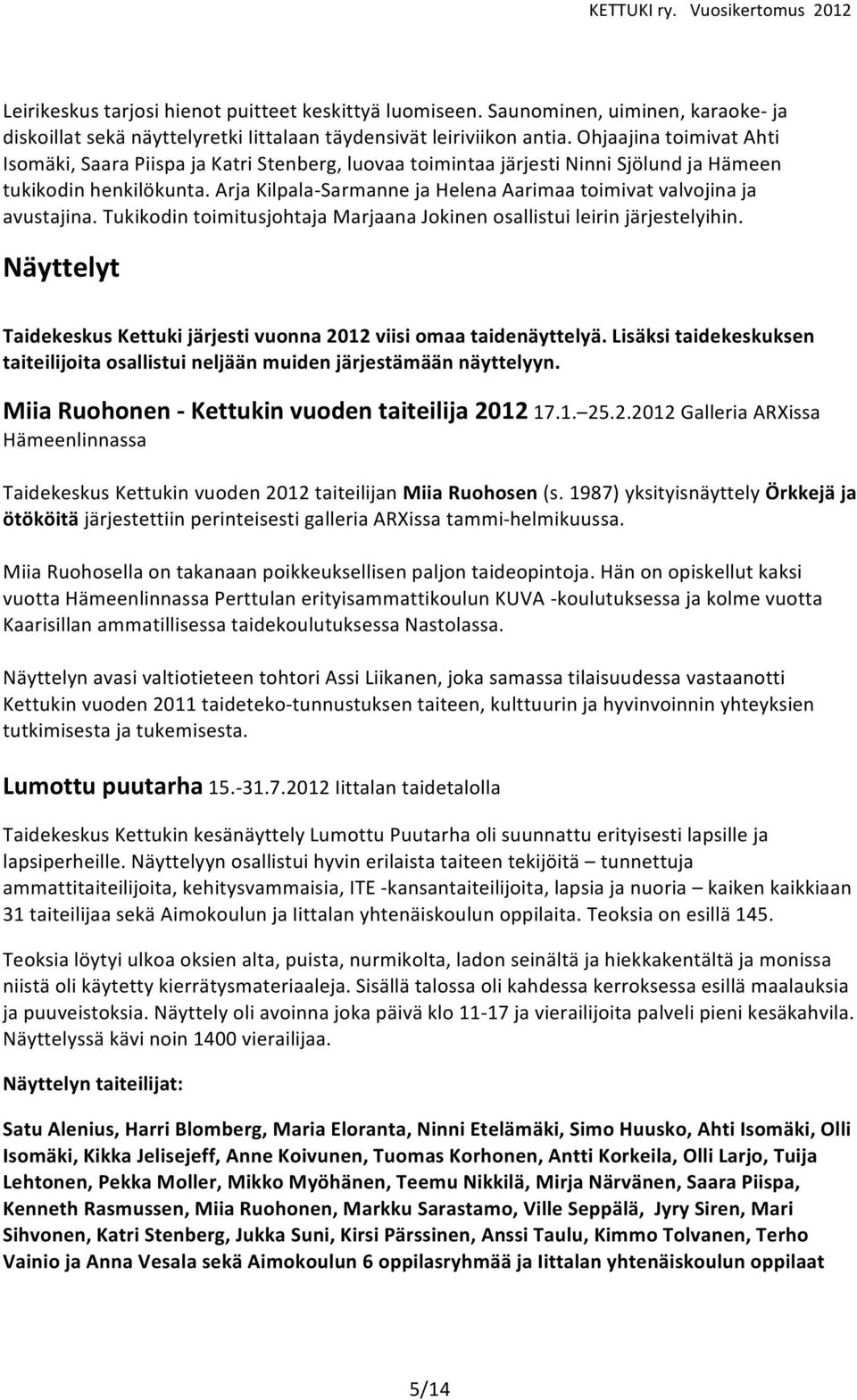 tukikodintoimitusjohtajamarjaanajokinenosallistuileirinjärjestelyihin. Näyttelyt TaidekeskusKettukijärjestivuonna2012viisiomaataidenäyttelyä.